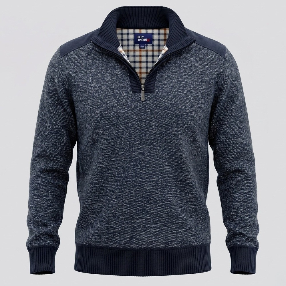 Billy London Mens Large Navy Blue Sweater 1/4 Zip Pullover Fleece Lined Textured
